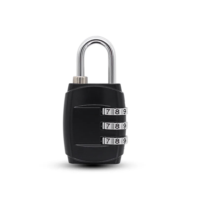 A black 3-dial combination padlock with a silver shackle.