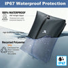 A black vacuum storage bag with a clear silicone seal is shown submerged in water, demonstrating IP67 waterproof protection.