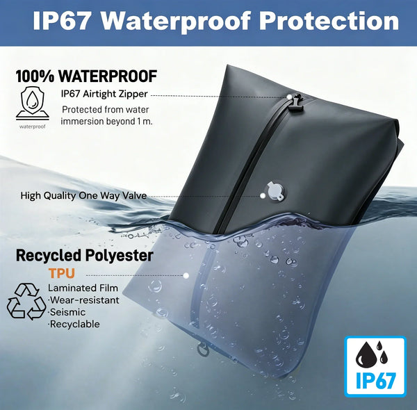 A black vacuum storage bag with a clear silicone seal is shown submerged in water, demonstrating IP67 waterproof protection.