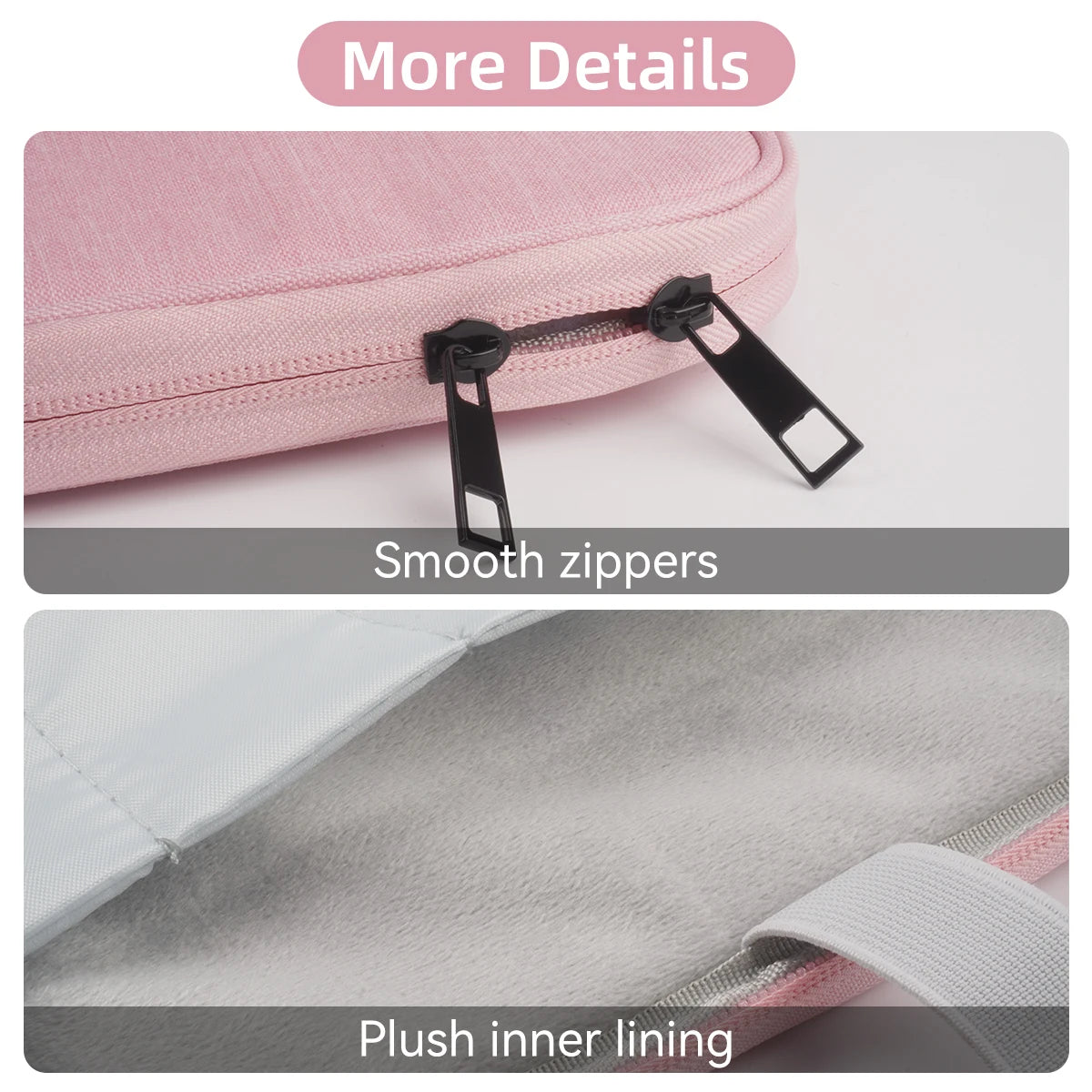 Primer plano de una funda protectora rosa mostrando cremalleras suaves y forro mullido.