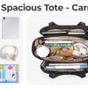 A 4-zone spacious tote bag shown with various items like tablets, wallet, earphones, and toiletries inside.
