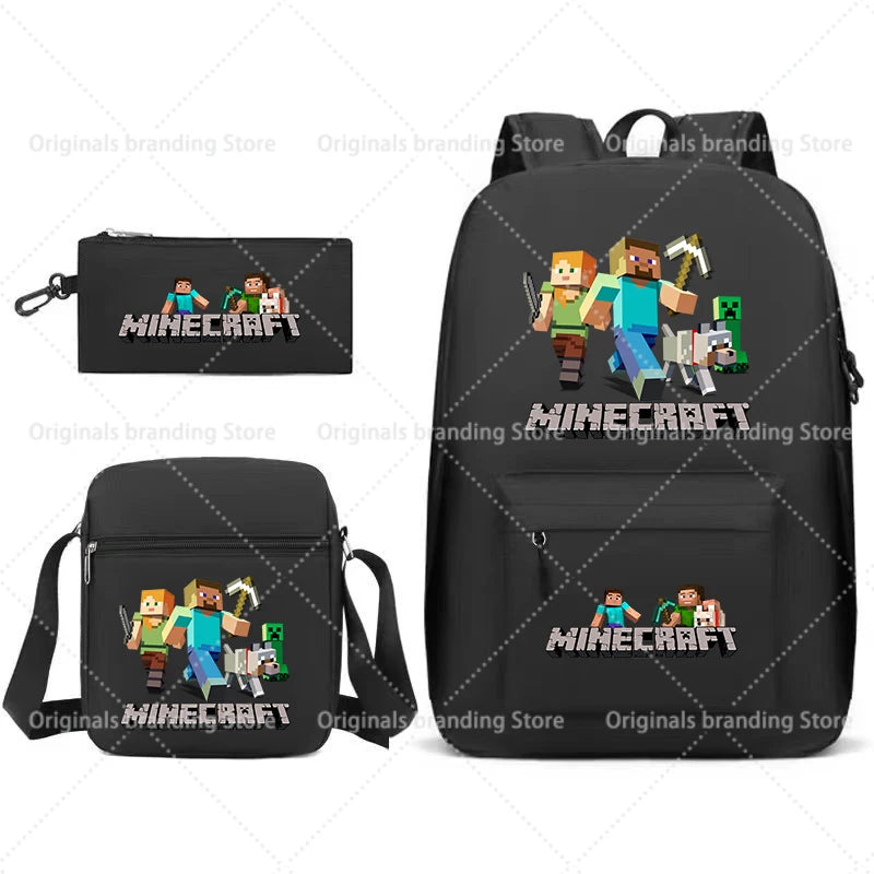 A black backpack featuring Minecraft themed graphics and accessories.