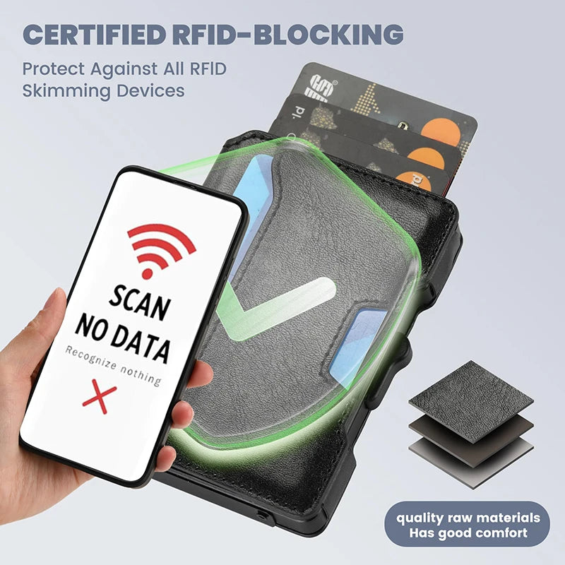 Portefeuille noir avec couche protectrice, démontrant la technologie de blocage RFID sur un écran de smartphone.