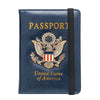 A dark blue leather passport holder featuring a gold United States eagle badge and text.