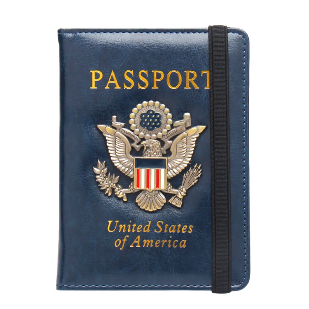 A dark blue leather passport holder featuring a gold United States eagle badge and text.