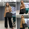 A woman models a tan leather laptop tote bag in black against a modern office background.