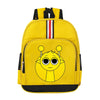 A bright yellow cartoon anime backpack with black straps and a smiling face design.