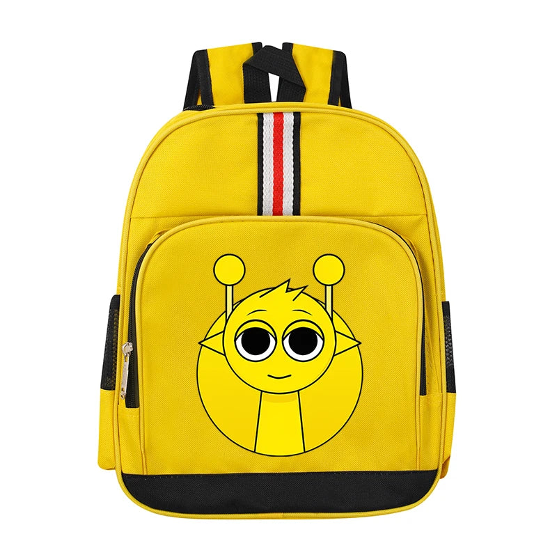 A bright yellow cartoon anime backpack with black straps and a smiling face design.