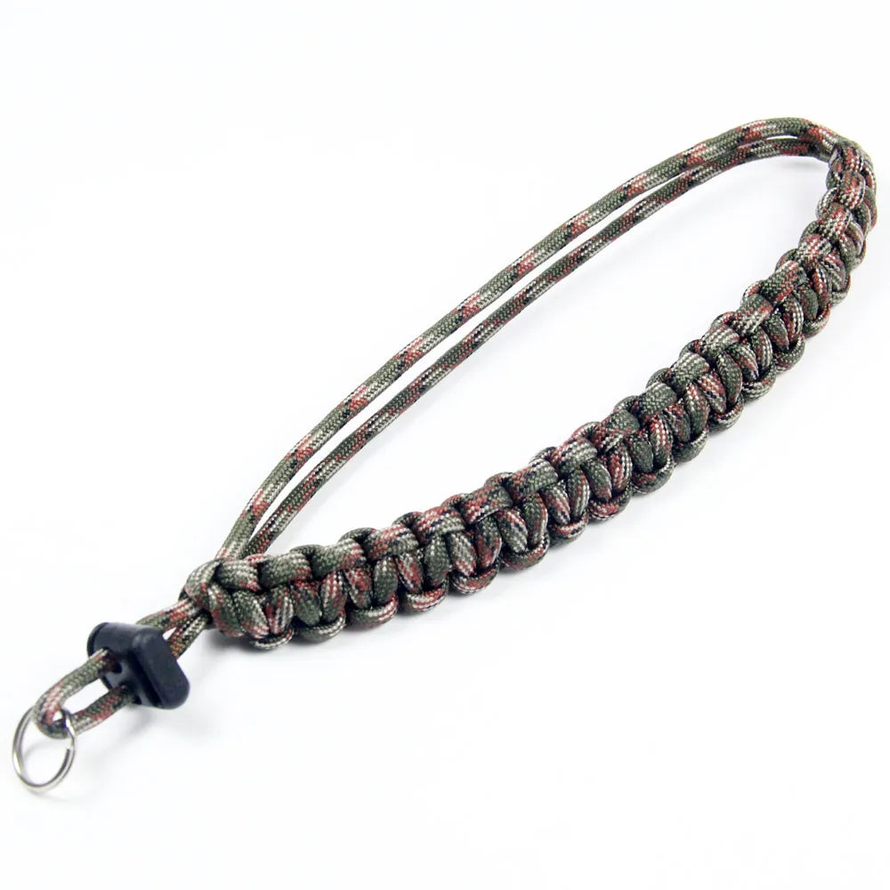 Handwoven paracord camera wrist strap with green and red fibers