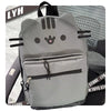 A gray Pusheen cat canvas backpack with black stripes and features a cute face design.