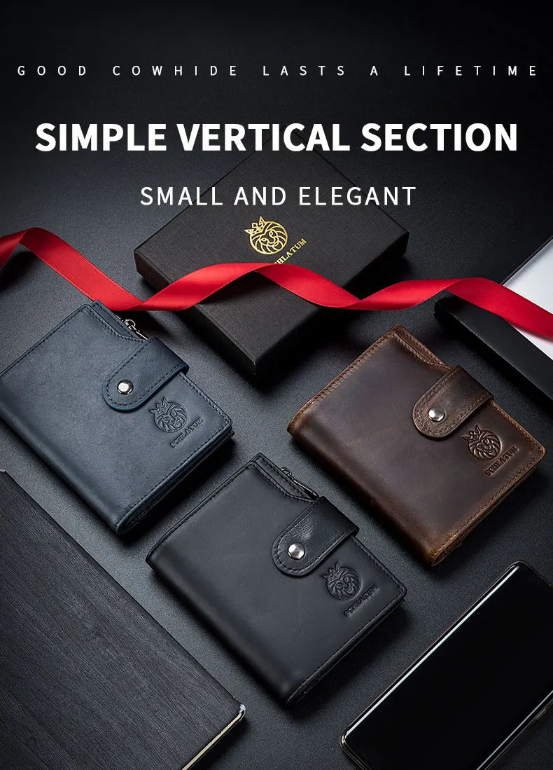 A simple vertical section of a genuine leather men's business wallet shown in black and brown tones.