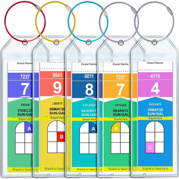 A set of cruise luggage tag holders featuring various colored tags and clear plastic sleeves.