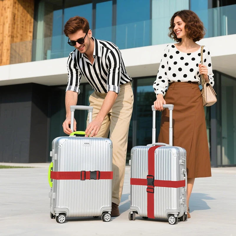A man and a woman stand outdoors with silver luggage featuring red straps.