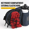 A navy blue sports fanny pack with an external elastic rope and a red towel inside.