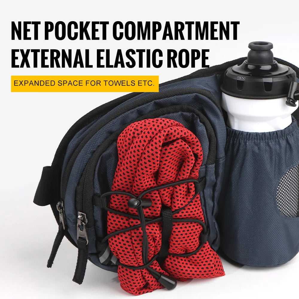 A navy blue sports fanny pack with an external elastic rope and a red towel inside.