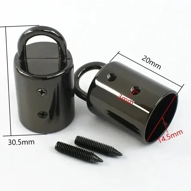 A black metal cord lock buckle with a loop and a cylindrical body, shown next to several screws.