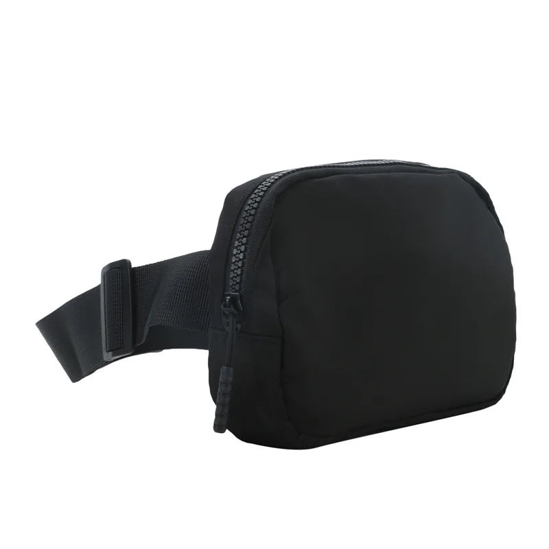 Black waist bag or fanny pack with a zipper and strap.