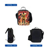 A set of three black lunch bags for kids football players shown from the front, side, and back views.