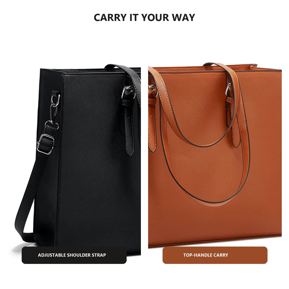 A pair of large capacity tote bags, one black with an adjustable shoulder strap and one brown with a top handle.
