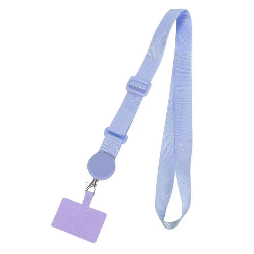 A purple universal adjustable phone lanyard with a strap and tag.