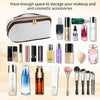 A collection of various cosmetic and makeup products displayed in front of an elegant PU leather travel organizer bag.