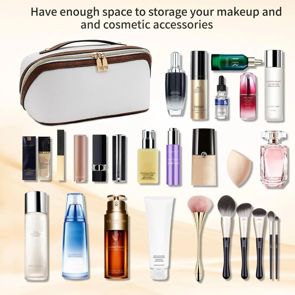 A collection of various cosmetic and makeup products displayed in front of an elegant PU leather travel organizer bag.