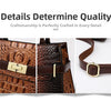 Close-up shots of a brown PU leather handbag strap and buckle detailing craftsmanship.