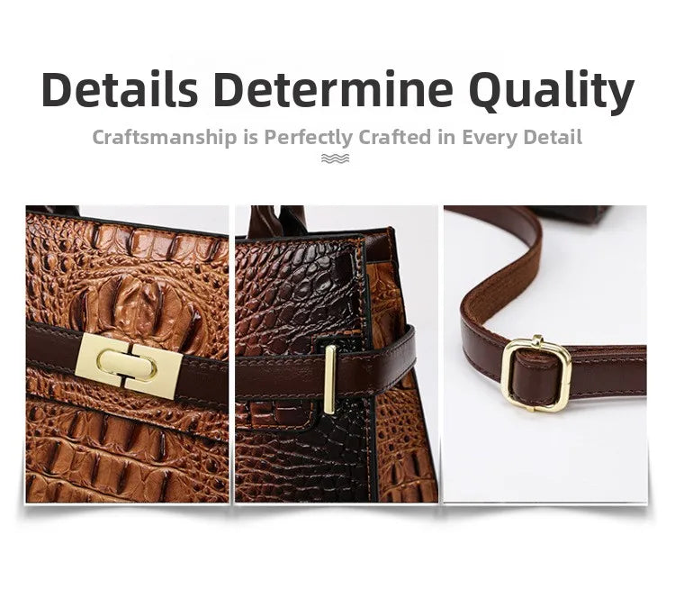 Close-up shots of a brown PU leather handbag strap and buckle detailing craftsmanship.