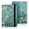 A teal blue e-book cover featuring a delicate white floral branch pattern with a black protective strap.
