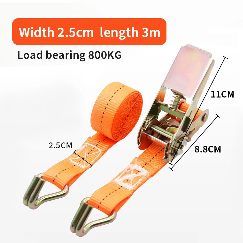 Orange heavy-duty ratchet strap with 2.5cm width and 3m length for secure tie-downs