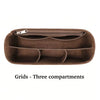 Brown felt handbag organizer pouch with three internal grids and a zipper.