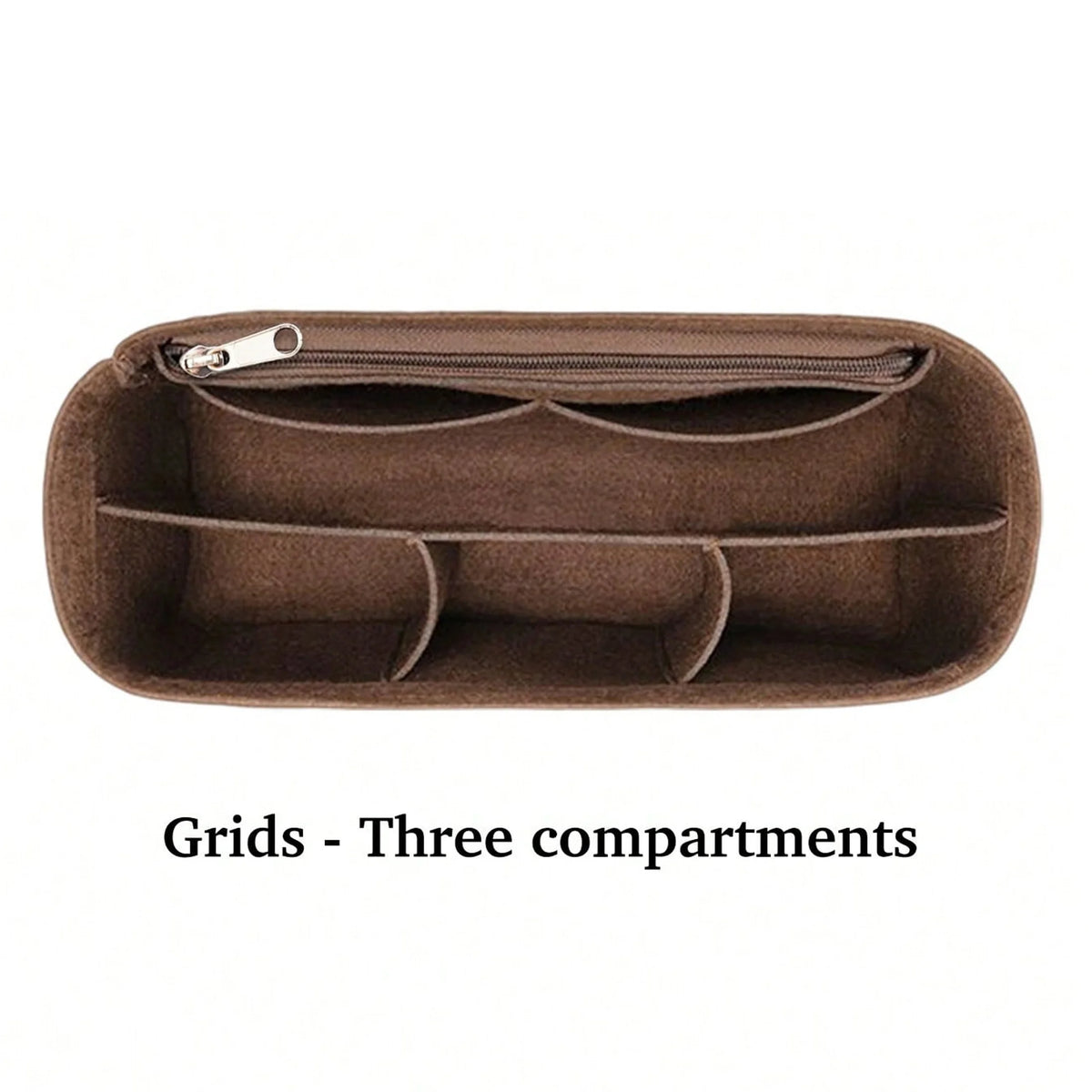 Brown felt tote bag organizer insert with three compartments and a zippered pocket.