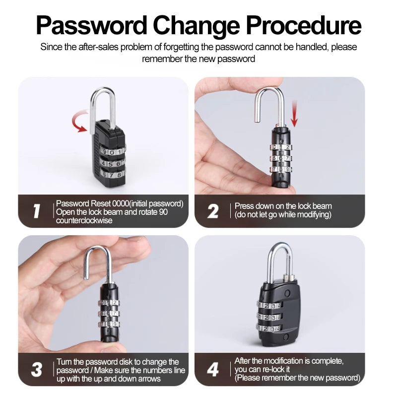 A four-step procedure showing how to change the password on a 3-dial combination padlock.