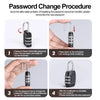 A four-step procedure showing how to change the password on a 3-dial combination padlock.