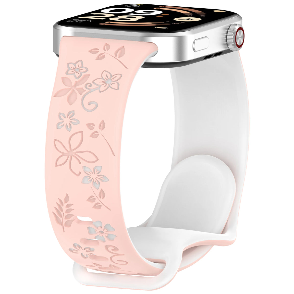 Una correa de silicona blanca con estampado floral rosa, adjunta a un Apple Watch.