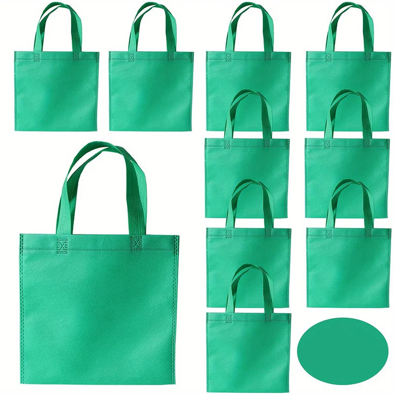 A set of six bright teal non-woven tote bags with green handles and a solid green circular swatch.