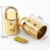 A brass metal cord lock buckle with a cylindrical shape and a threaded pin is shown next to its dimensions.