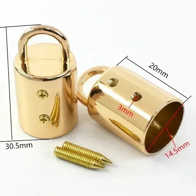 A brass metal cord lock buckle with a cylindrical shape and a threaded pin is shown next to its dimensions.