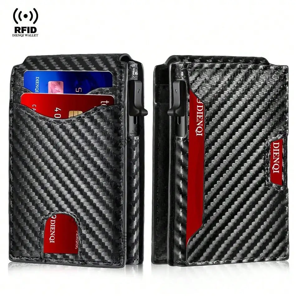 A black carbon fiber slim RFID protection wallet with a red interior card slot.
