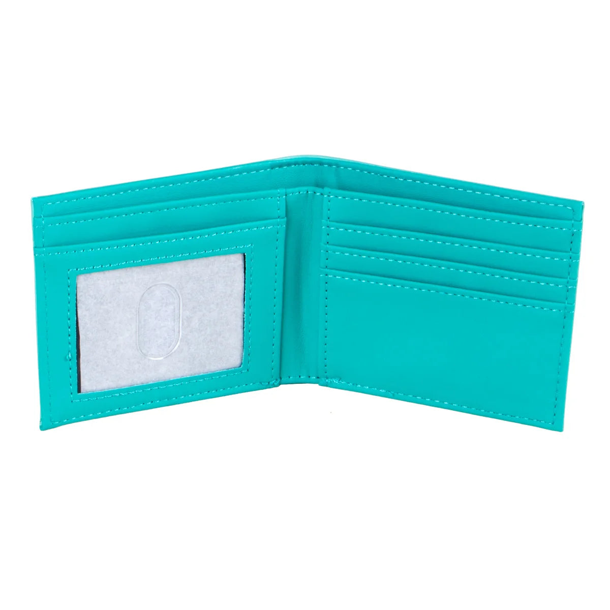 Cartera plegable de juego color verde azulado con soporte para tarjetas grabado, mostrada abierta.