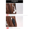 A brown leather chest bag showing detail information, including an intimate earphone hole design and a USB charging design.