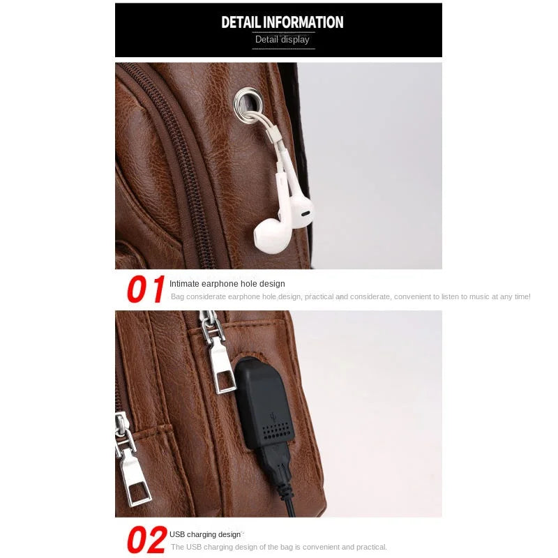 A brown leather chest bag showing detail information, including an intimate earphone hole design and a USB charging design.