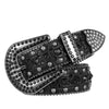 A black decorative western buckle belt featuring silver studs and rhinestones.