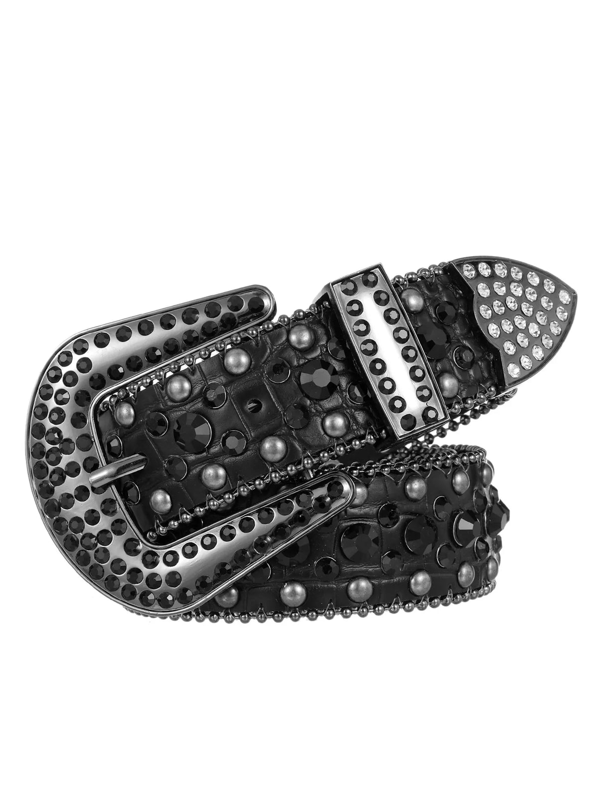 A black decorative western buckle belt featuring silver studs and rhinestones.