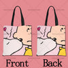 A pink cartoon illustration of a face with a white shirt and yellow collar on a tote bag, shown from the front and back.