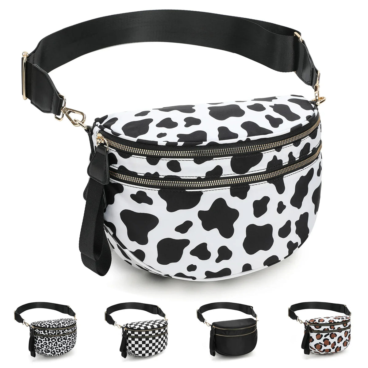 Schwarz-weißes Kuhmuster kariertes Crossbody-Taschen, verschiedene Ansichten