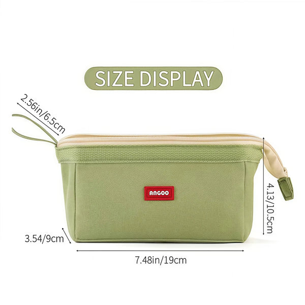A light green pencil case with a beige label holder and size display markings.
