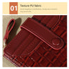 A close-up of a maroon PU fabric card wallet with a textured pattern and a leather strap.
