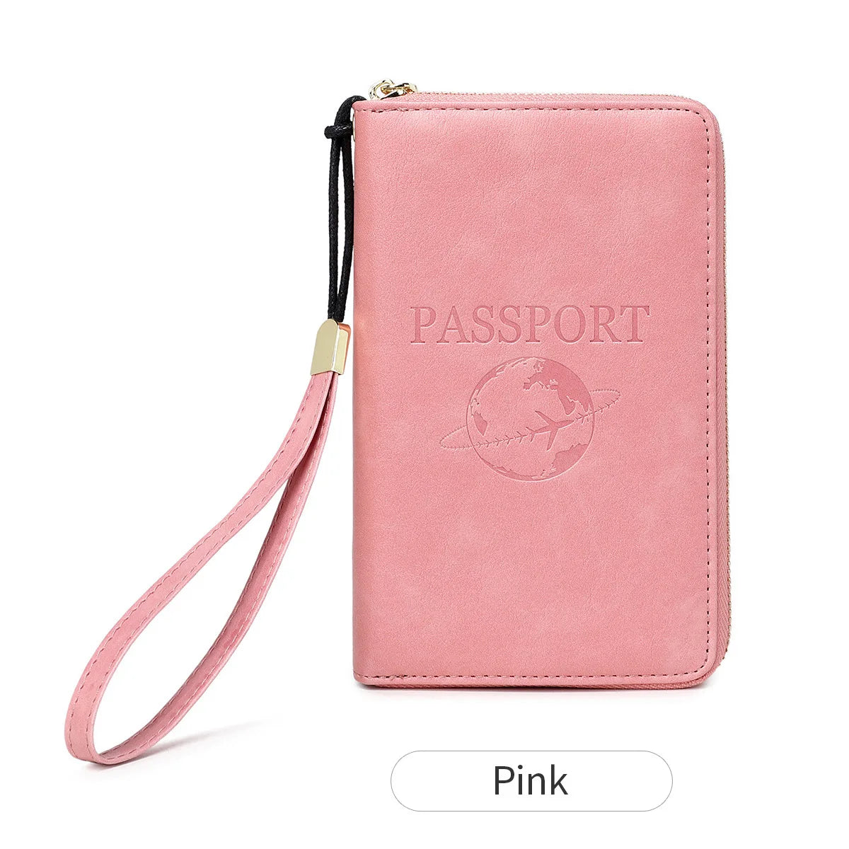 A pink RFID blocking travel passport holder with a black strap.