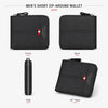 A black men's short zip-around wallet shown from the front, back, side, and 45 degree view.